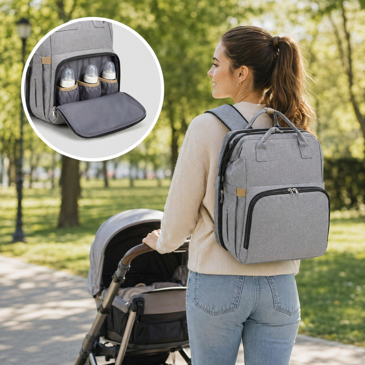 3-in-1 Diaper Backpack with Travel Cot in use