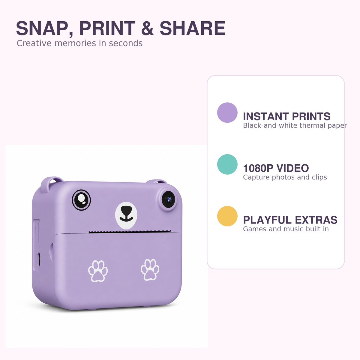Kids Instant Print Camera – 1080p HD – 1080p features