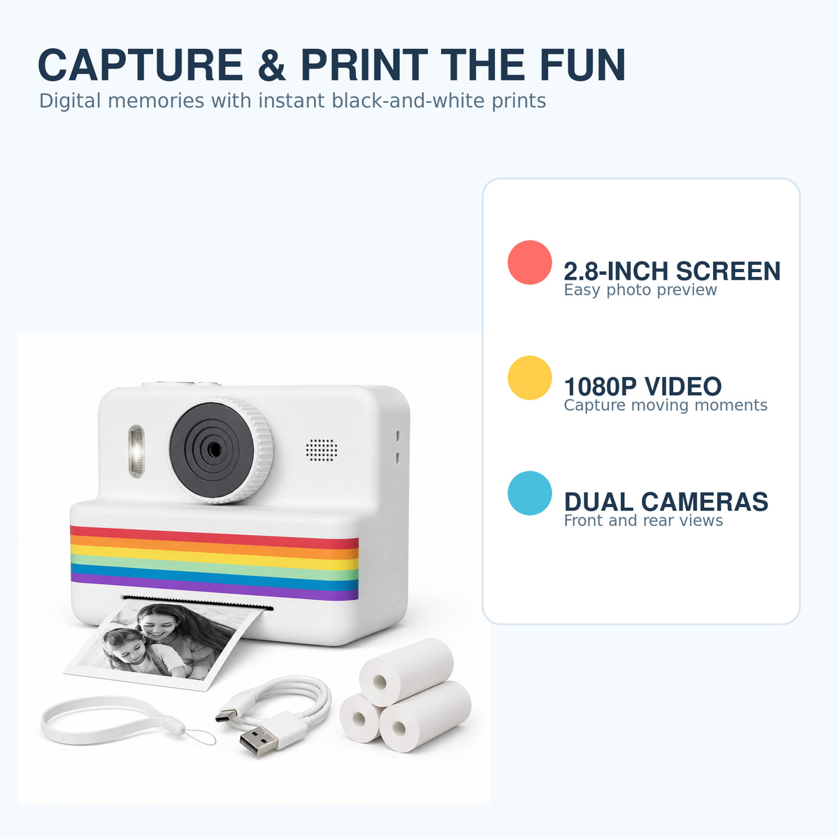 Kids Instant Print Camera – 2.8-inch HD – camera features